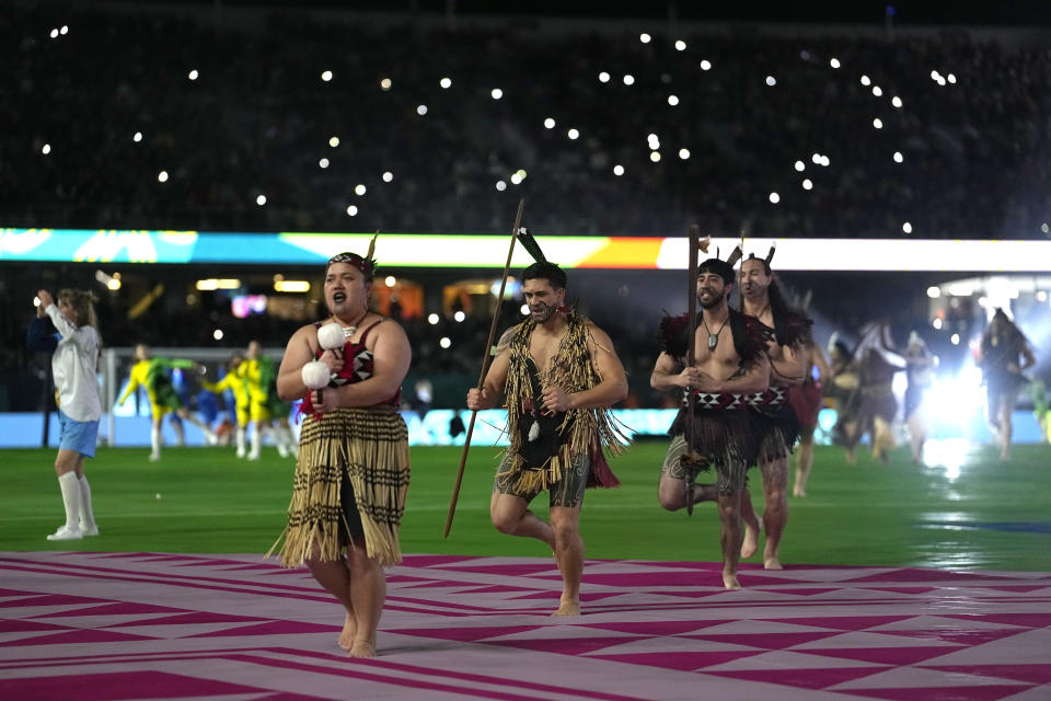 Dancers perform during the opening ceremony ahead of the Women's World Cup soccer match between New Zealand and Norway in Auckland, New Zealand, Thursday, July 20, 2023. (AP Photo/Abbie Parr)