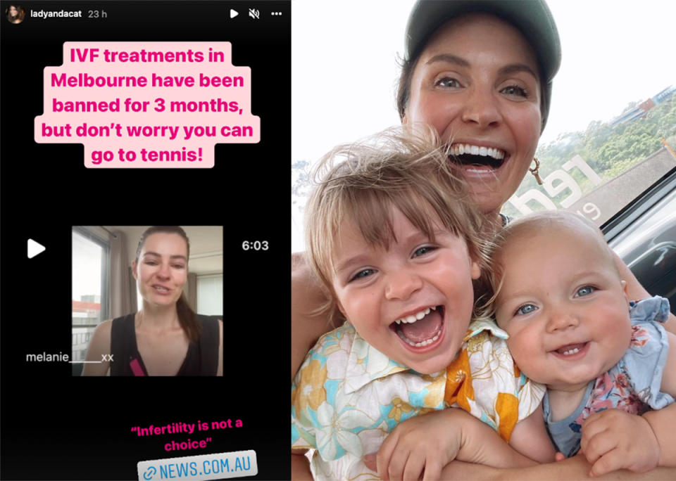 A screenshot of Melanie Swieconek's video and a photo of Laura Byrne with her two young daughters. Photo: Instagram.