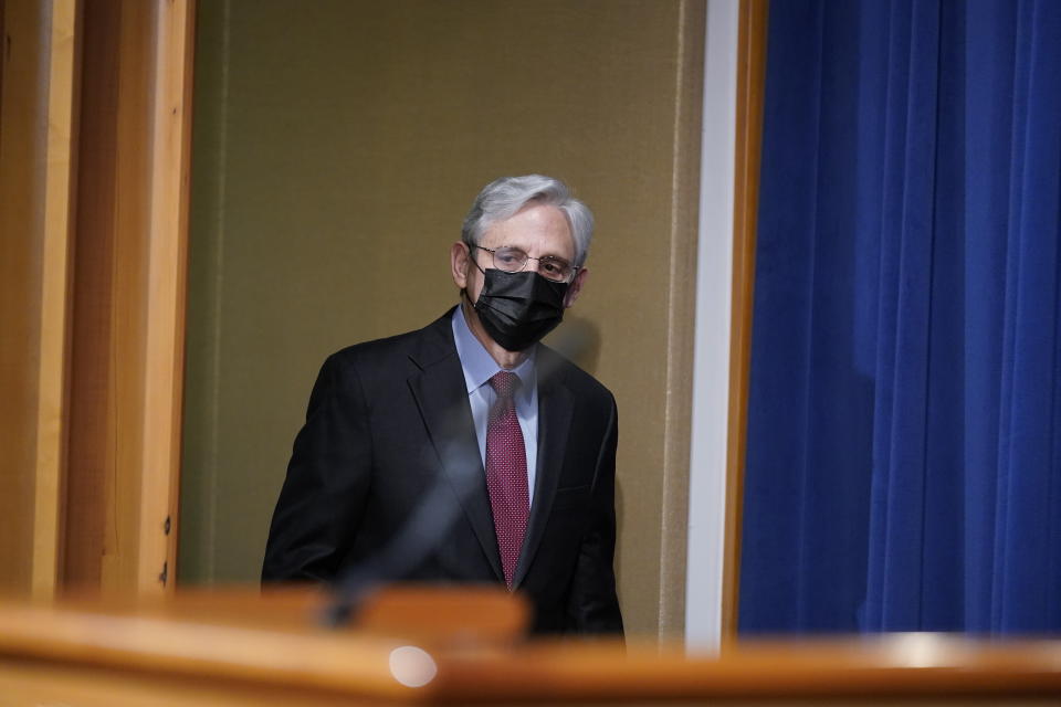 Attorney General Merrick Garland arrives to speak about a jury's verdict in the case against former Minneapolis Police Officer Derek Chauvin in the death of George Floyd, at the Department of Justice, Wednesday, April 21, 2021 in Washington. (AP Photo/Andrew Harnik, Pool)