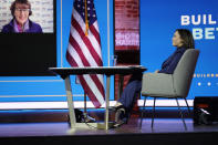 President-elect Joe Biden and Vice President-elect Kamala Harris attend a briefing on the economy at The Queen theater, Monday, Nov. 16, 2020, in Wilmington, Del. (AP Photo/Andrew Harnik)