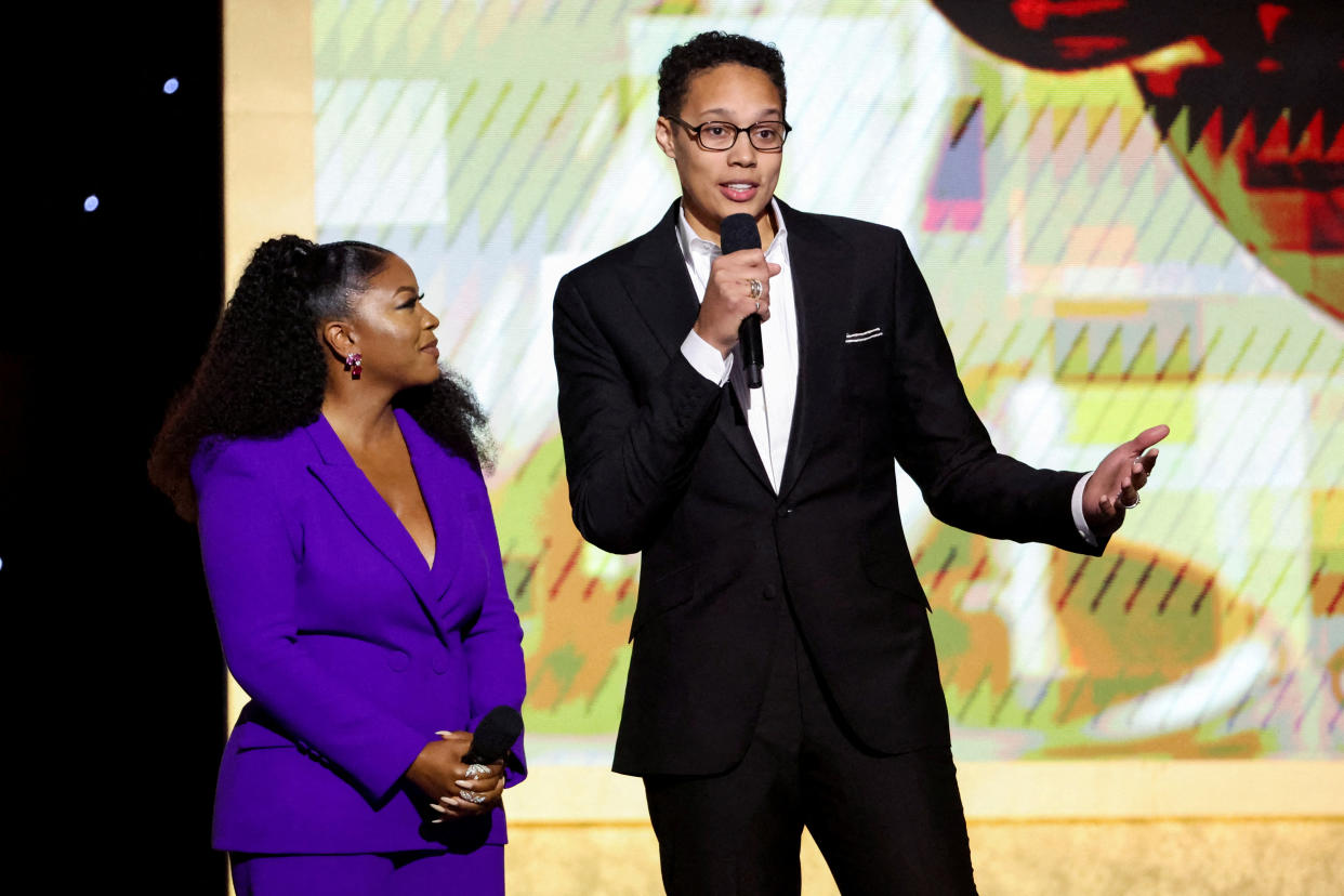 WNBA player Brittney Griner (right) was detained in Russia for 10 months. (REUTERS/Mario Anzuoni