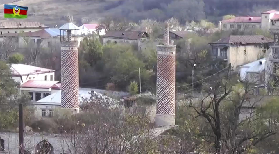 This photo taken from a video released by Azerbaijan's Defense Ministry on Monday, Nov. 9, 2020, shows a view of Shushi, in the separatist region of Nagorno-Karabakh. President Ilham Aliyev said Sunday that Azerbaijani forces had taken control of the strategically important city in Nagorno-Karabakh, where fighting with Armenia has raged for over a month. (Azerbaijan's Defense Ministry via AP)