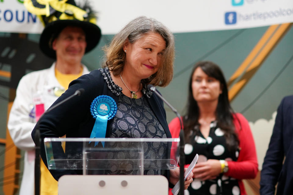 HARTLEPOOL, ENGLAND - MAY 07: Conservative Party candidate for Hartlepool Jill Mortimer reacts after she was declared the winner in the Hartlepool Parliamentary By-election at Mill House Leisure Centre on May 7, 2021 in Hartlepool, England. Hartlepool went to the polls to decide between returning a Labour Party MP, who has held the seat since its creation in 1974, and a candidate from the Conservative Party who took a number of Labour's so-called 