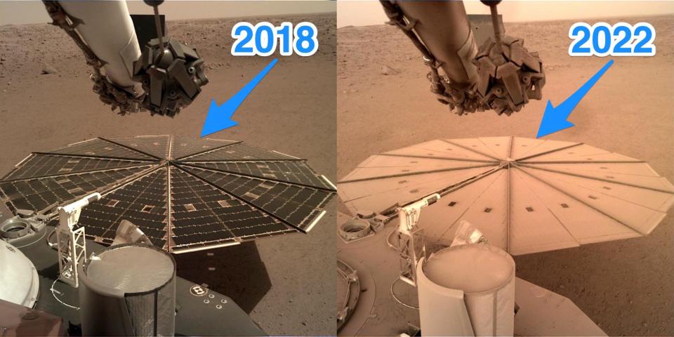 two images of the insight lander's circular solar array show it clear and vibrant on the left and covered in dust on the right