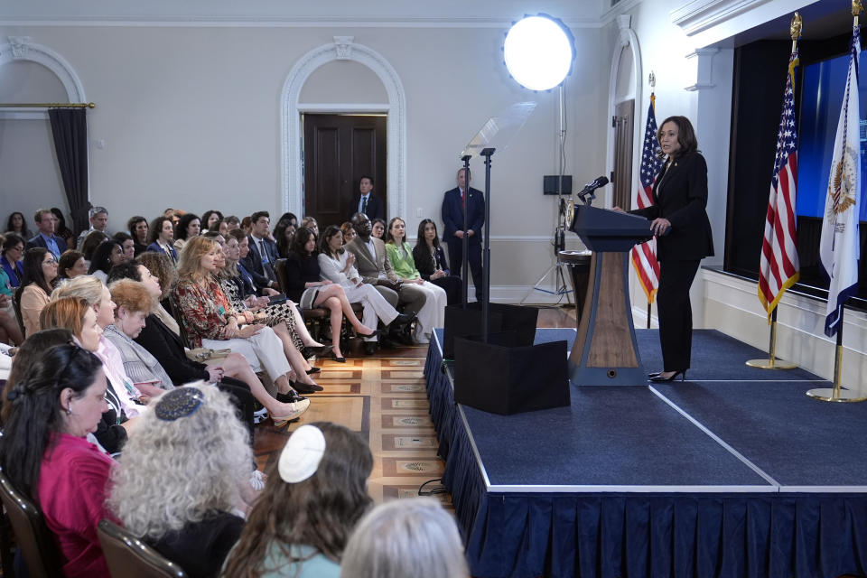 Vice President Kamala Harris speaks about conflict sexual violence before a screening of "Screams Before Silence," in the Eisenhower Executive Office Building on the White House complex in Washington, Monday, June 17, 2024. The presenter-led documentary film with Sheryl Sandberg, former COO of Meta, is about the rape and mutilation of Israeli women on Oct. 7. (AP Photo/Susan Walsh)