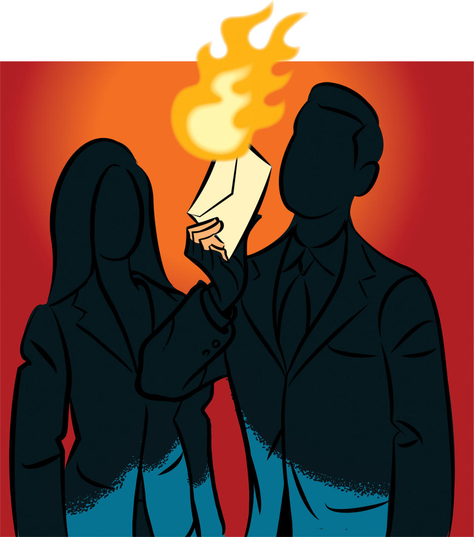 shadowy figures holding up a burning envelope