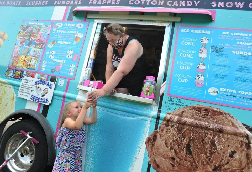 Katie Keefe, of Weymouth, passes an ice cream to her daughter, Ellie, 5, from Ellie&#39;s Treats ice cream truck.