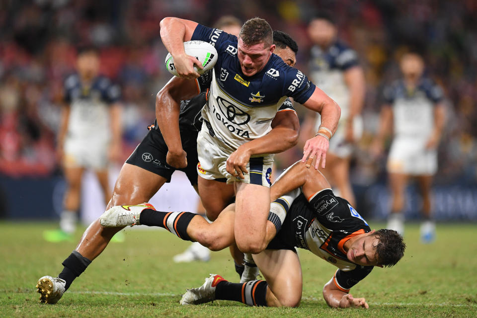 Tom Gilbert, pictured here in action for the Cowboys against Wests Tigers.