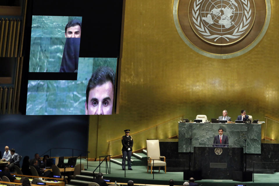 A television screen develops a difficulty as Tamim bin Hamad Al -Thani, the Amir of Qatar, addresses the 73rd session of the United Nations General Assembly, at U.N. headquarters, Tuesday, Sept. 25, 2018. (AP Photo/Richard Drew)