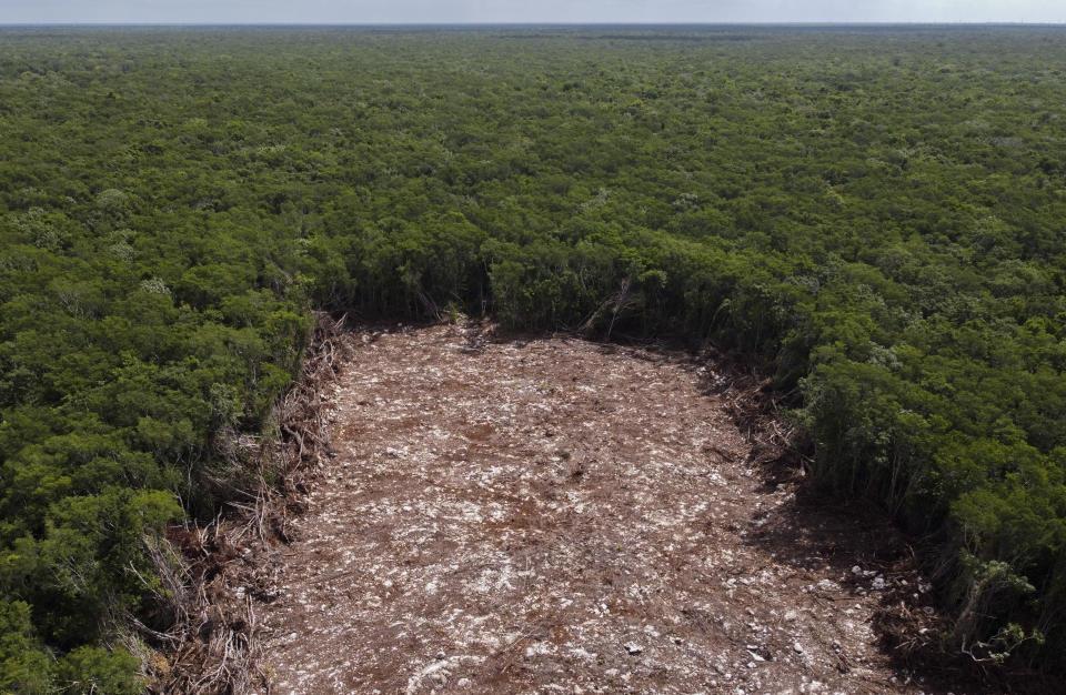 Forest is cleared for the construction of the Maya Train near the community "La Vida y Esperanza," or Life and Hope, in Quintana Roo state, Mexico, Friday, Aug. 5, 2022. Many residents in "La Vida y Esperanza" who rely on diesel generators say they would much rather have electricity than a tourist train that will rush by and never stop there. (AP Photo/Eduardo Verdugo)