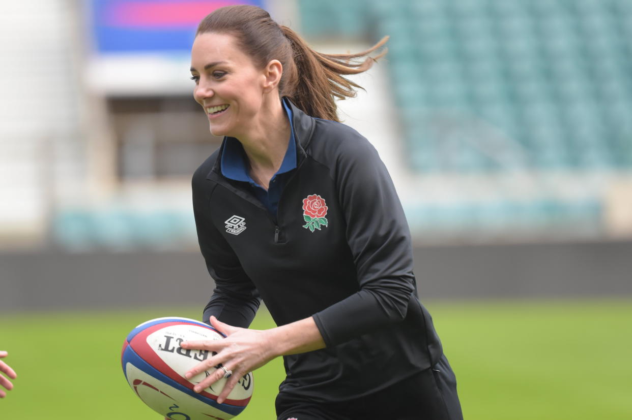 The Duchess of Cambridge, in her new role as Patron of the Rugby Football Union, during a visit to Twickenham Stadium, to meet England players, coaches and referees and join a training session on the pitch. Picture date: Wednesday February 2, 2022.