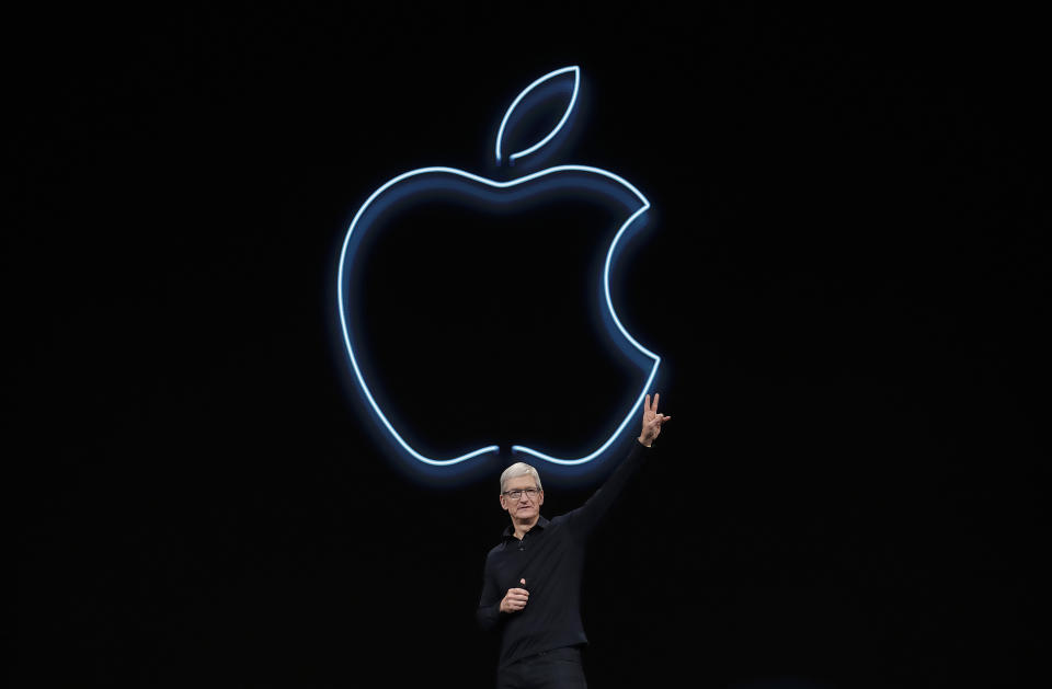 Apple CEO Tim Cook waves after speaking at the Apple Worldwide Developers Conference in San Jose, Calif., Monday, June 3, 2019. (AP Photo/Jeff Chiu)