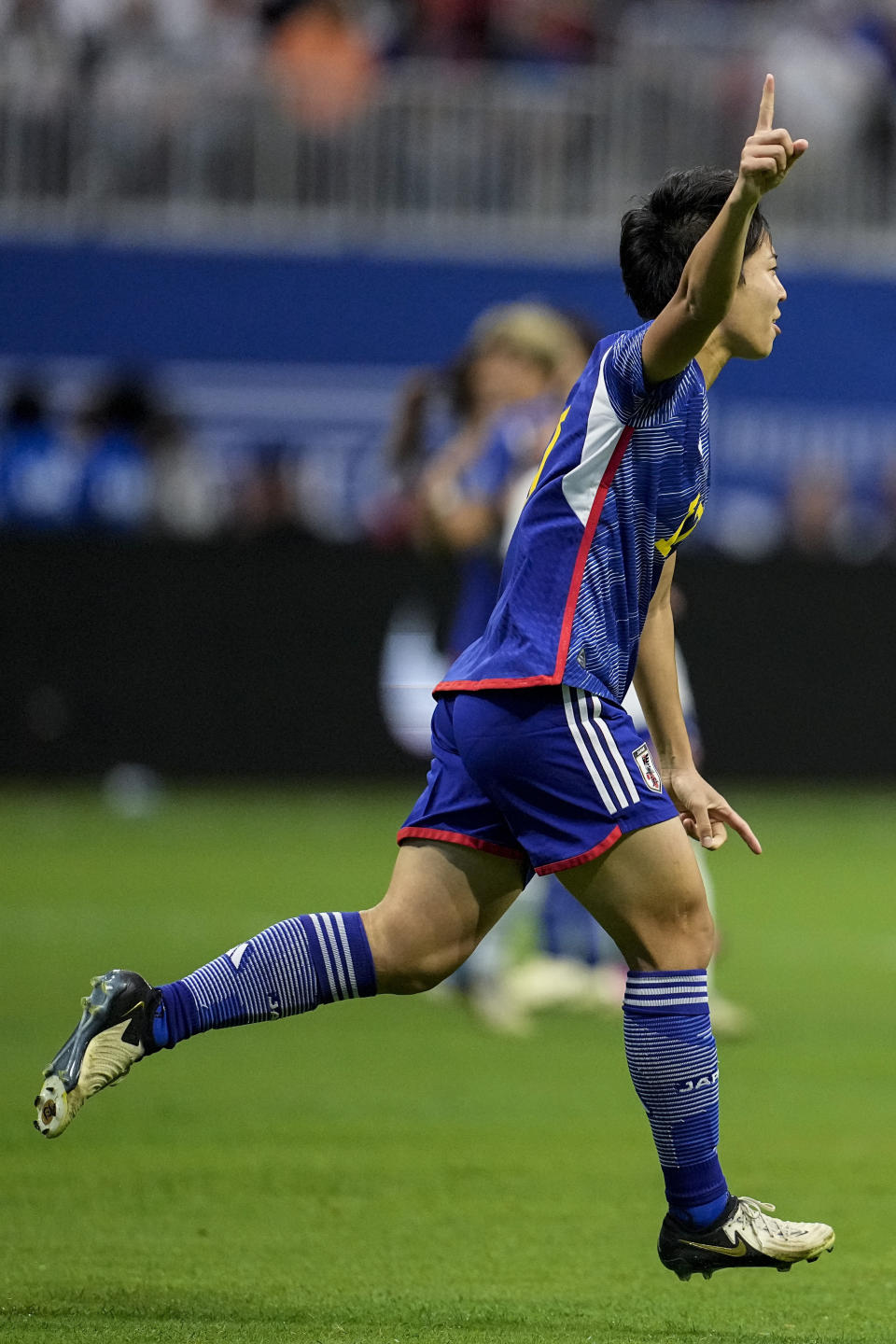 Japan's Kiko Seike (17) celebrates her goal against the United States in the first half of the SheBelieves Cup women’s soccer tournament, Saturday, April 6, 2024, in Atlanta. (AP Photo/Mike Stewart)