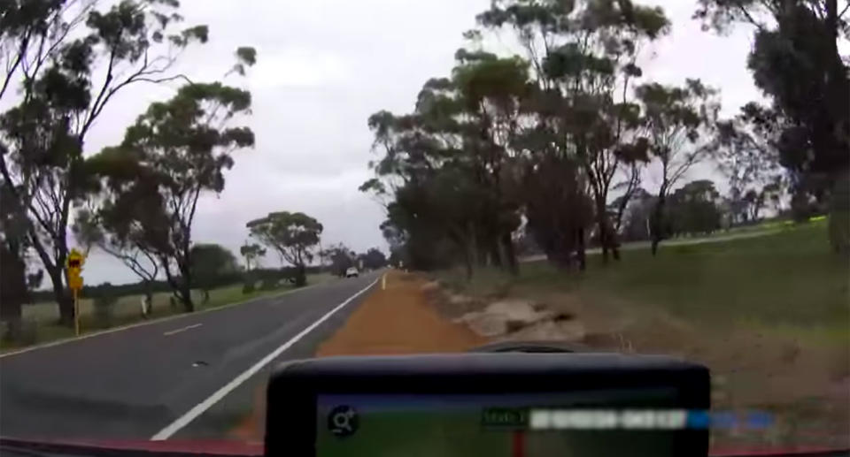The video shows the woman veer over to the wrong side of the road and end up off the motorway at Murdong. Source: WA Police