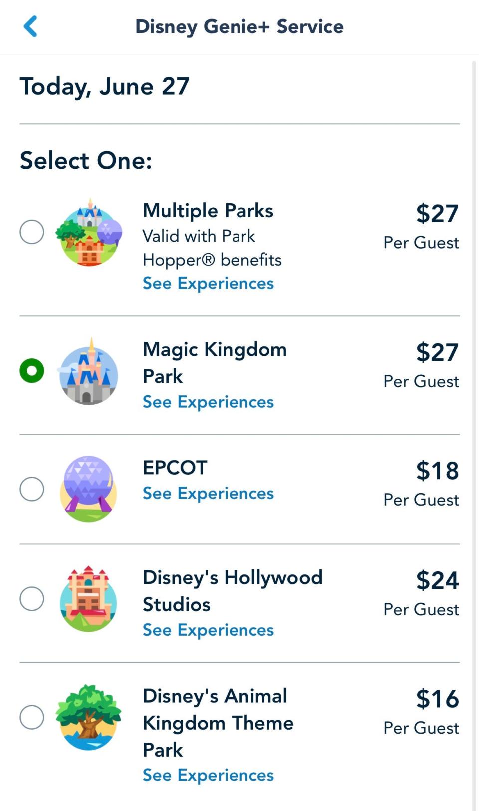 Genie+ service ranged from $16 to $27 the day park-specific pricing debuted at Disney World.