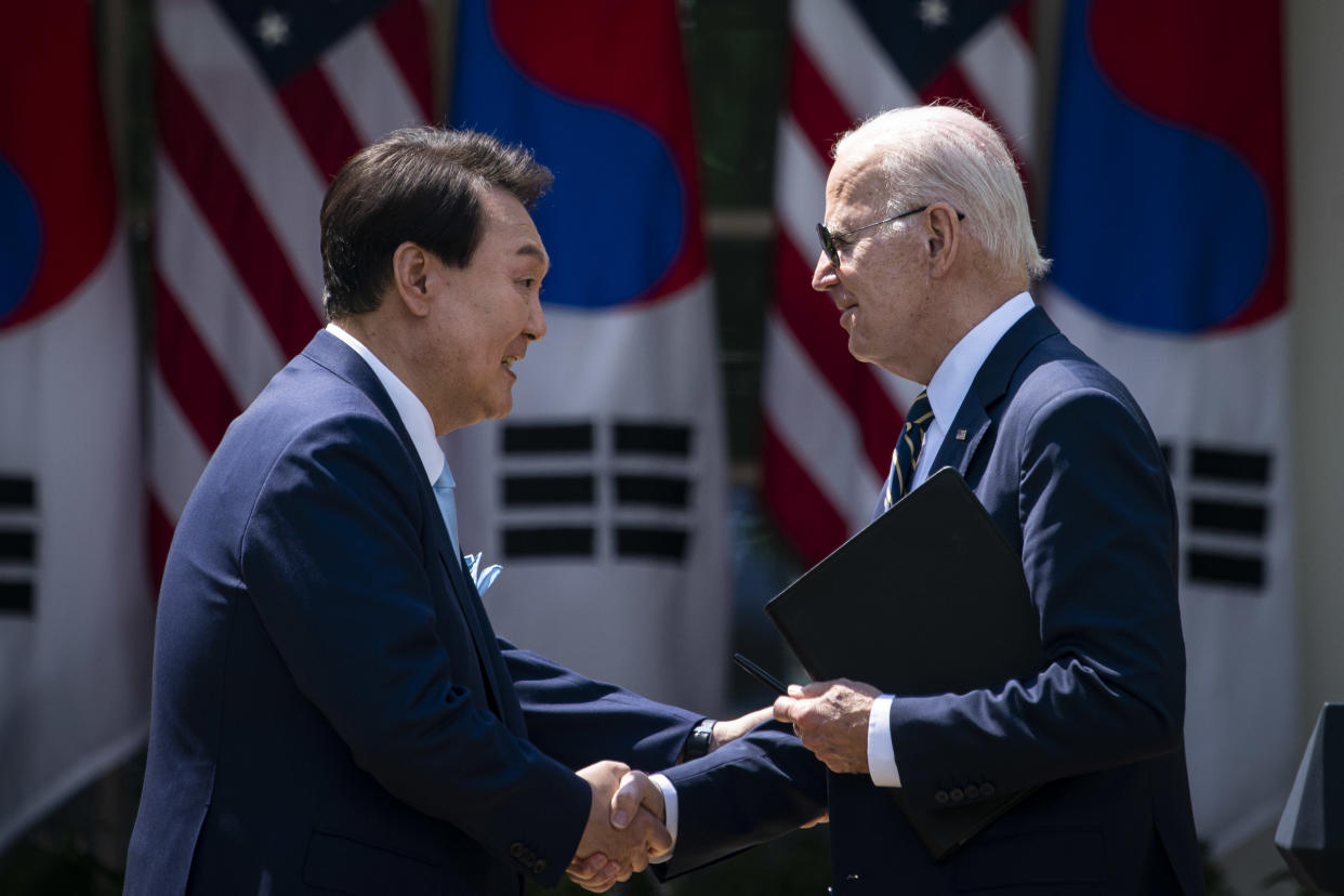 South Korea President Yoon Suk Yeol and President Joe Biden in  Washington in April.