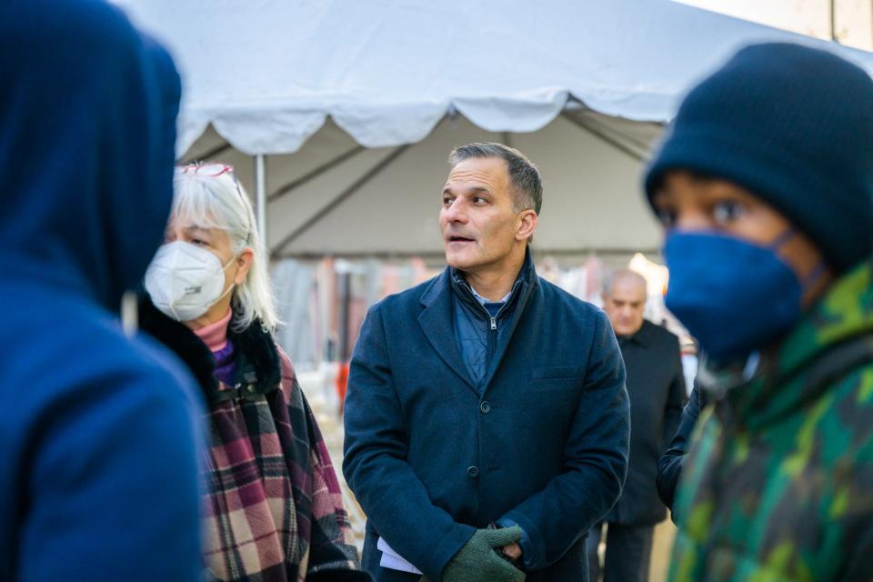 Rob Buccini at a "topping out" ceremony for Buccini/Pollin Group's Crosby Hill apartment complex on Shipley Street in downtown Wilmington on Jan. 19, 2022.