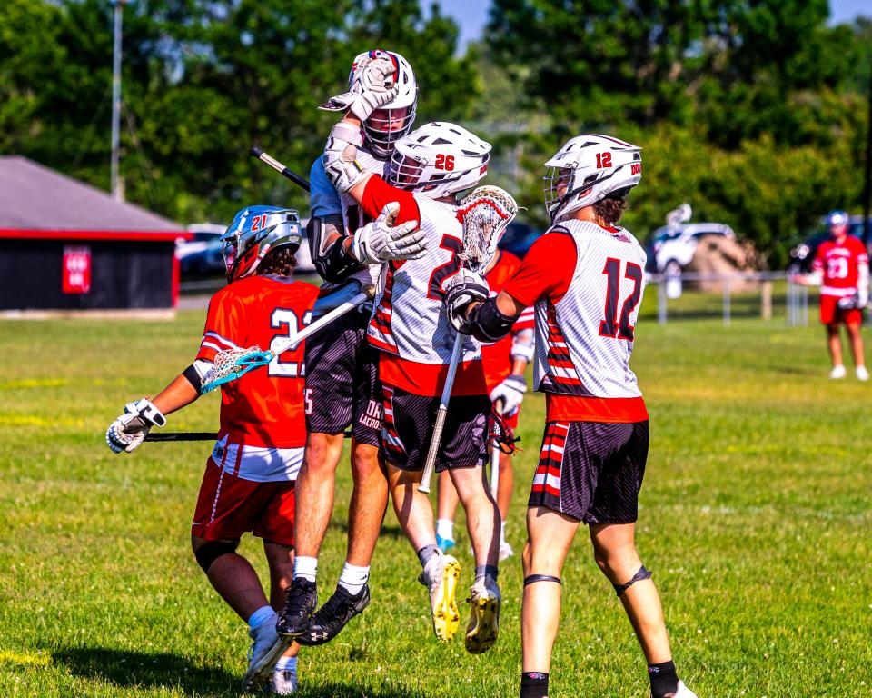 The Bulldogs celebrate a goal as they look to battle back against Pope Francis Prep.