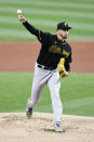 Pittsburgh Pirates starting pitcher Joe Musgrove delivers against the Cleveland Indians during the first inning of a baseball game, Saturday, Sept. 26, 2020, in Cleveland. (AP Photo/Ron Schwane)