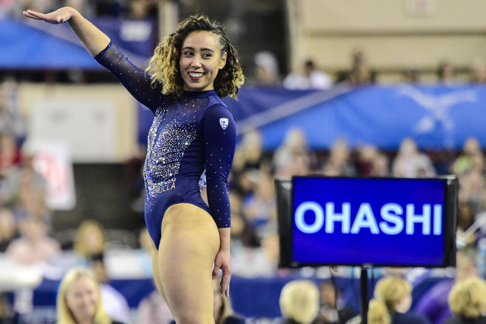 FORT WORTH, TX - APRIL 20: Katelyn Ohashi #711 of the UCLA Bruins performs a floor routine during the Division I Women's Gymnastics Championship held at the Fort Worth Convention Center Arena on April 20, 2019 in Fort Worth, Texas. (Photo by Timothy Nwachukwu/NCAA Photos via Getty Images)