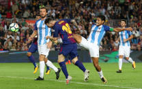 Soccer Football - La Liga Santander - FC Barcelona vs Malaga CF - Camp Nou, Barcelona, Spain - October 21, 2017 Barcelona’s Lionel Messi scores a goal that was disallowed REUTERS/Albert Gea