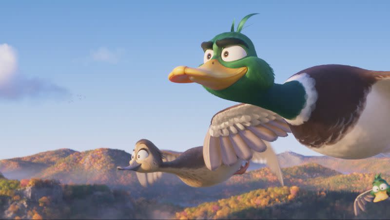 This image released by Illumination Entertainment & Universal Pictures shows, from left, Pam, voiced by Elizabeth Banks, Mack, voiced by Kumail Nanjiani and Dax, voiced by Caspar Jennings in a scene from “Migration.”