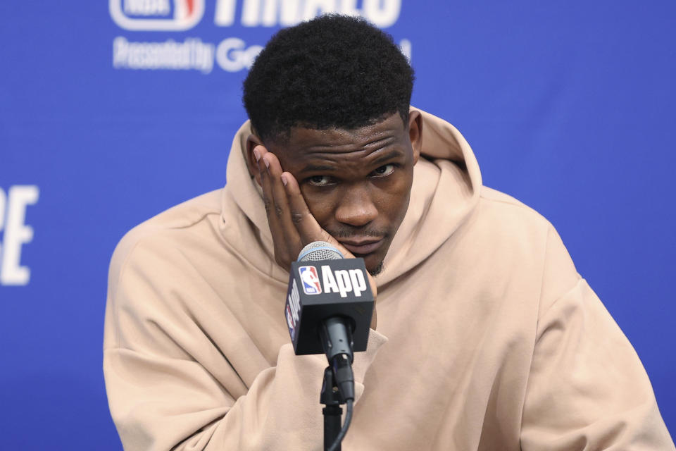 Minnesota Timberwolves guard Anthony Edwards answers questions during a news conference after the team's loss to the Dallas Mavericks in Game 5 of the NBA basketball Western Conference finals Thursday, May 30, 2024, in Minneapolis. (AP Photo/Matt Krohn)