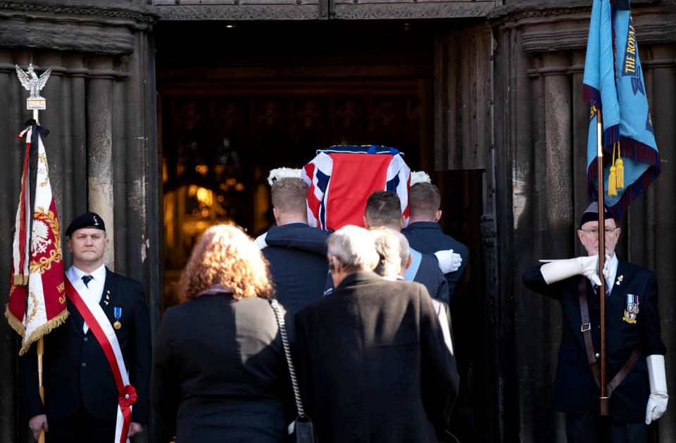 The funeral of Jim Auton one of the UKâs most decorated Second World War heroes takes place at Newark Parish Church, Notts, this afternoon, February 6, 2020.  See SWNS story SWMDhero.  Jim Auton, 95, from Newark, Notts., passed on 18 January with his carer Paul Trickett by his side. Mr Trickett said: âIt would be a great shame if one of our nationâs last surviving and most highly decorated Second World War heroes didnât get a send-off befitting of him.  âHopefully, we can enlist the support of our local population.â  Organisers are hoping as many people as possible will attend as Mr Auton had no family following the death of his wife, Peggy, in 2016.  The war veteran was was one of the last surviving British participants of the Warsaw Uprising of 1944 during World War II.  Mr Auton grew up on RAF bases as his father was a member of the ground crew who maintained some of the RAF's earliest aircraft.  He joined up himself in 1941 and, having seen the devastation poured on British cities caused by the Luftwaffe, hoped to do his bit.  Initially, he wanted to be a Spitfire pilot but was later re-trained as a bomb-aimer.  Mr Auton flew 37 wartime missions with the 178 Squadron but is best known for his contribution and bravery during the Warsaw Uprising.