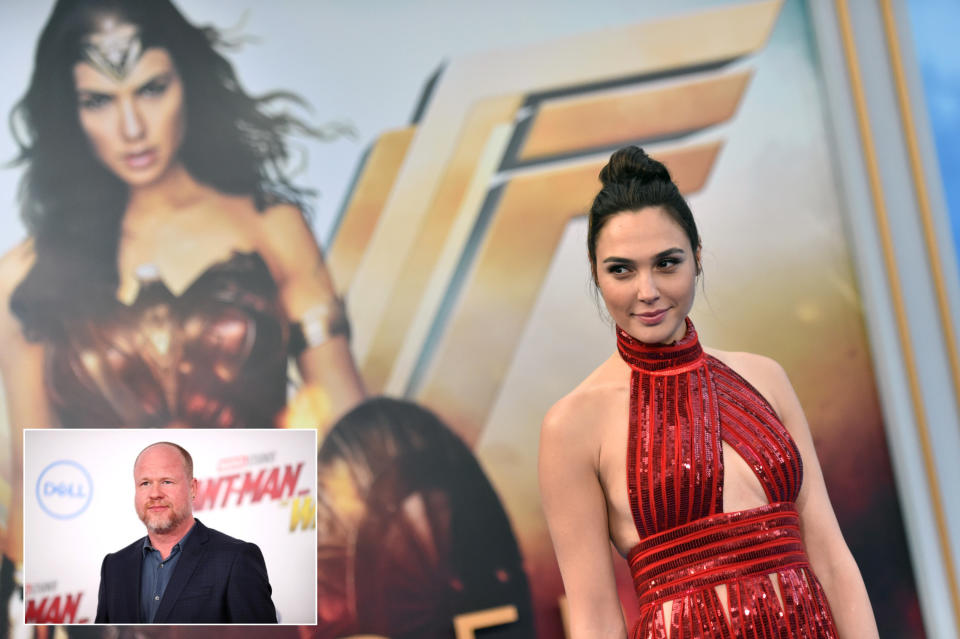 Actor Gal Gadot attends the premiere of "Wonder Woman" at the Pantages Theatre on May 25, 2017 in Hollywood and the other image shows Joss Whedon attend the premiere of Disney And Marvel's "Ant-Man And The Wasp" on June 25, 2018 in LA