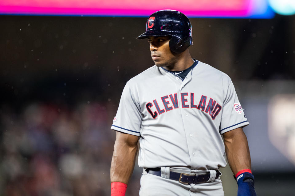 MINNEAPOLIS, MN - AUGUST 10: Yasiel Puig #66 of the Cleveland Indians looks on against the Minnesota Twins on August 10, 2019 at the Target Field in Minneapolis, Minnesota. The Twins defeated the Indians 4-1. (Photo by Brace Hemmelgarn/Minnesota Twins/Getty Images)