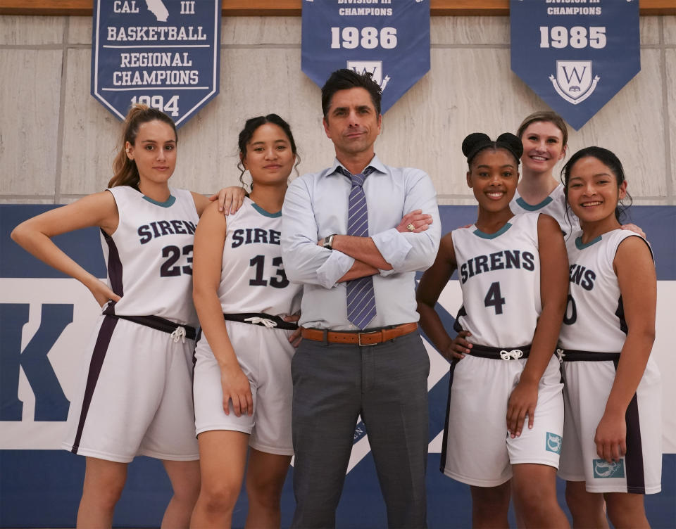 Tiana Le, John Stamos, Monique Green, Cricket Wampler, Tisha Custodio in 'Big Shot' coming to Disney+ on Friday, April 16. (Disney+/Gilles Mingasson)