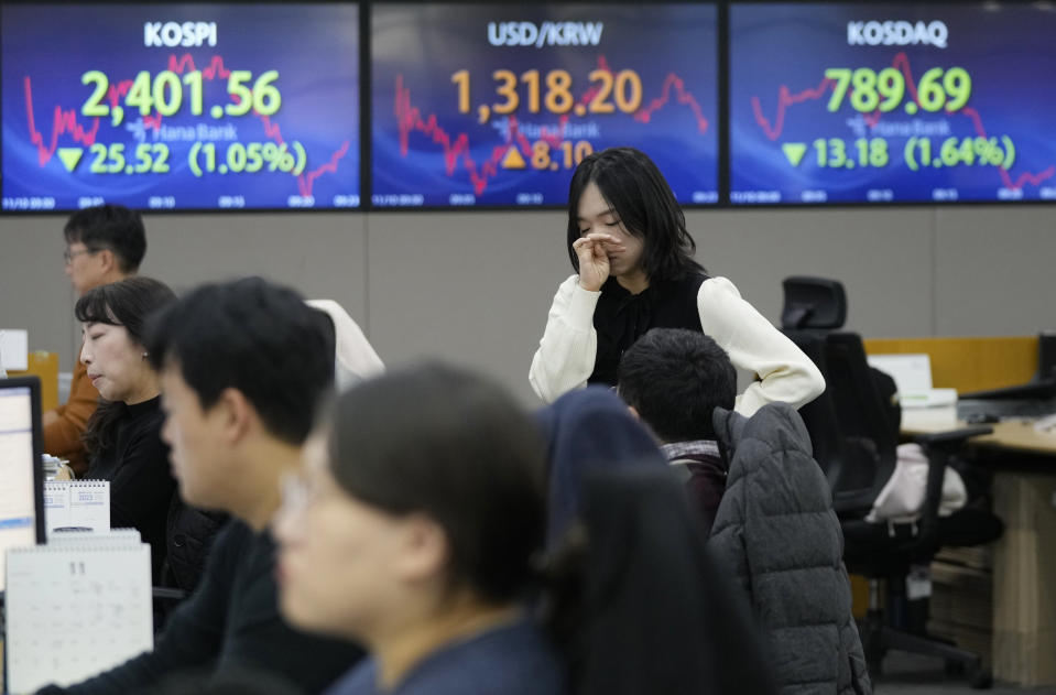 Currency traders work near the screens showing the Korea Composite Stock Price Index (KOSPI), left, and the foreign exchange rate between U.S. dollar and South Korean won, center, at the foreign exchange dealing room of the KEB Hana Bank headquarters in Seoul, South Korea, Friday, Nov. 10, 2023. Asian shares have retreated after rising bond market yields once again weighed on Wall Street. The declines ended a lull in wider swings in prices during a brief respite from market moving data releases. (AP Photo/Ahn Young-joon)