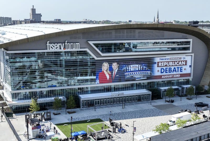 An aerial photo made with a drone shows Fiserv Forum in Milwaukee, Wis., where the first Republican primary debate is being held Wednesday. Photo by Tannen Maury/UPI