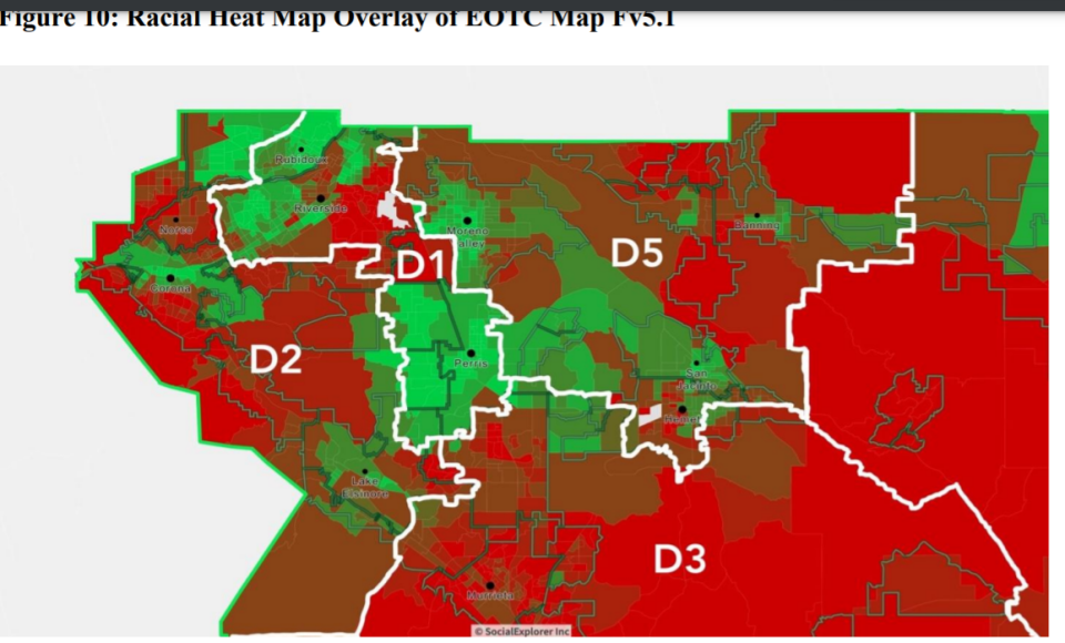 A heat map shows the density of Latino's citizen voting-age populations in western Riverside County laid over one of the redistricting proposals before the county. In a report, the UCLA Voting Right Project said this map, known as Map Fv5.1, "clearly cracks the Latino population of Riverside County between draft Districts 1, 2, and 5."
