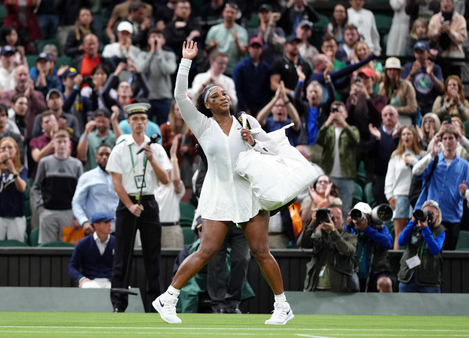 Serena Williams (pictured) waves to the crowd after her defeat at Wimbledon.