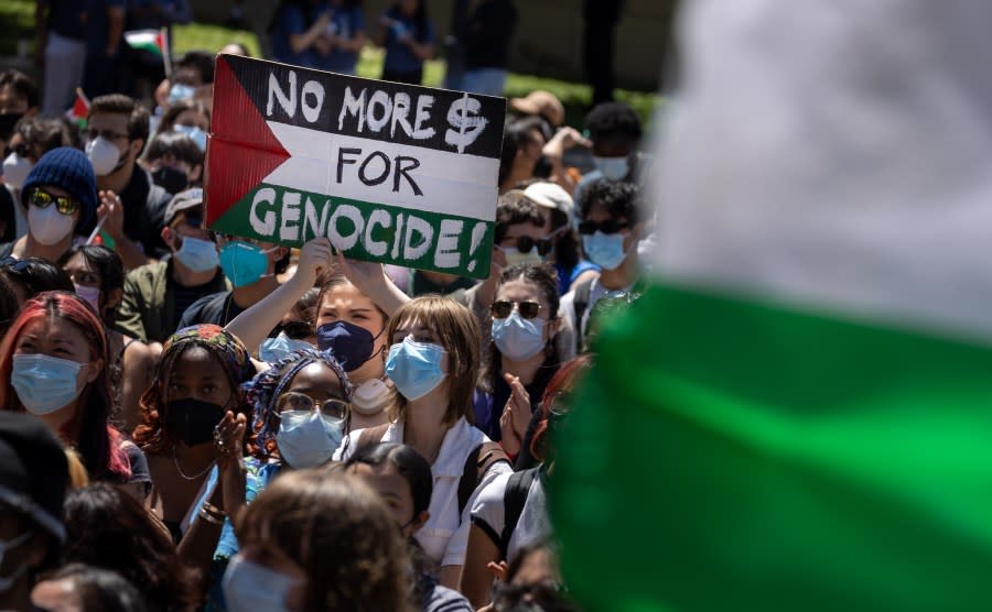 Los Angeles, CA – April 29: Pro-Palestinian demonstrators hold a student- faculty rally at Dickson Plaza at an encampment on the UCLA campus on Monday, April 29, 2024 in Los Angeles, CA. (Brian van der Brug / Los Angeles Times via Getty Images)