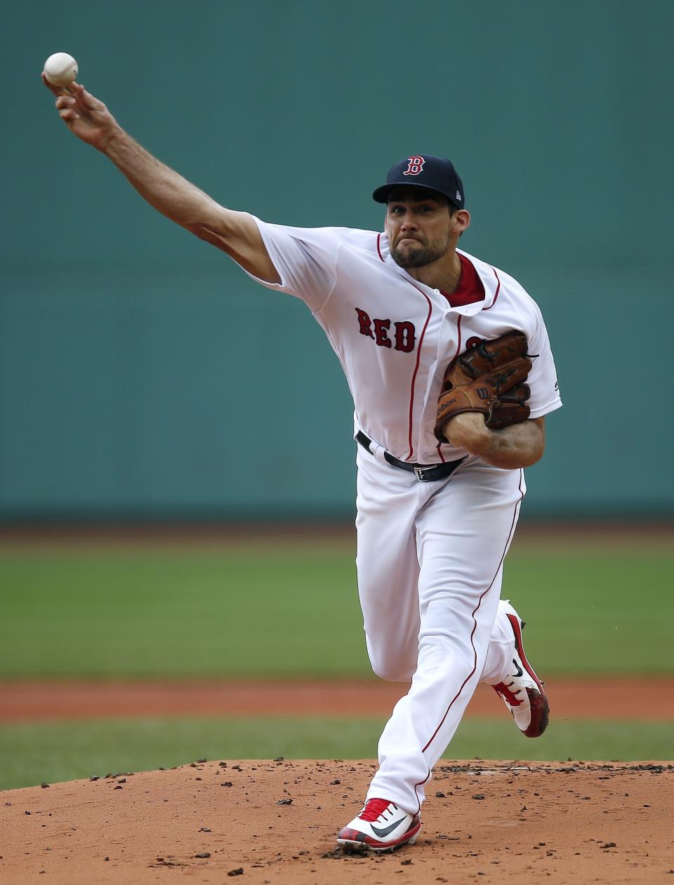 Boston Red Sox's Nathan Eovaldi pitches during the first inning of a baseball game against the New York Yankees in Boston, Saturday, Aug. 4, 2018. (AP Photo/Michael Dwyer)