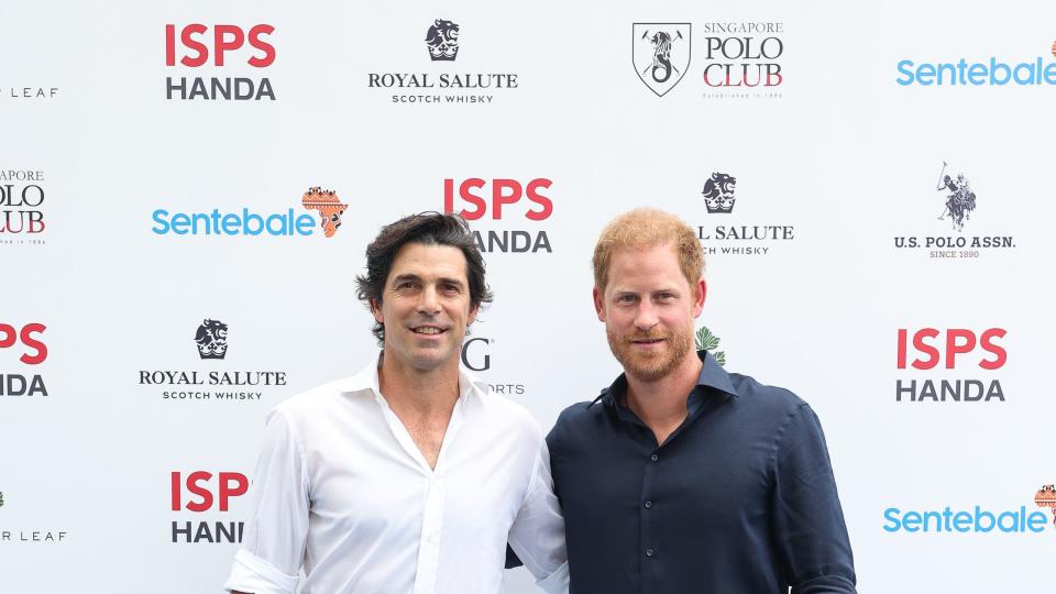 singapore, singapore august 12 nacho figueras, sentebale ambassador and prince harry, duke of sussex, co founding patron of sentebale, pose for a photo during the sentebale isps handa polo cup on august 12, 2023 in singapore the annual polo cup has been running since 2010 and to date has raised over £11 million to support sentebales work with children and young people affected by poverty, inequality and hivaids in southern africa photo by matt jelonekgetty images for sentebale