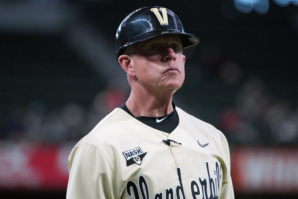 Feb 19, 2023; Arlington, TX, USA; Vanderbilt Commodores head coach Tim Corbin watches batters during the eighth inning in a 12-2 win against the Texas Longhorns at Globe Life Field. Mandatory Credit: Dustin Safranek-USA TODAY Sports