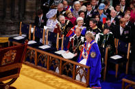 <p>(Left to right 3rd and 4th row) The Duke of York, Princess Beatrice, Peter Phillips, Edoardo Mapelli Mozzi, Zara Tindall, Princess Eugenie, Jack Brooksbank, Mike Tindall and the Duke of Sussex, (left to right 2nd row) the Earl of Wessex, Lady Louise Windsor, the Duke of Gloucester, the Duchess of Gloucester the Princess Royal Vice Admiral Sir Tim Laurence, (1st row) the Duke and Duchess of Edinburgh at the coronation ceremony of King Charles III and Queen Camilla in Westminster Abbey, London. Picture date: Saturday May 6, 2023.Yui Mok/Pool via REUTERS</p> 