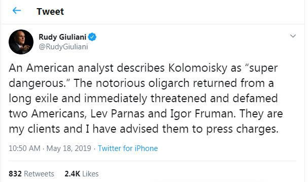 This is a screen shot from the Twitter account of Rudy Giuliani, posted on May 18, 2019. (AP Photo)
