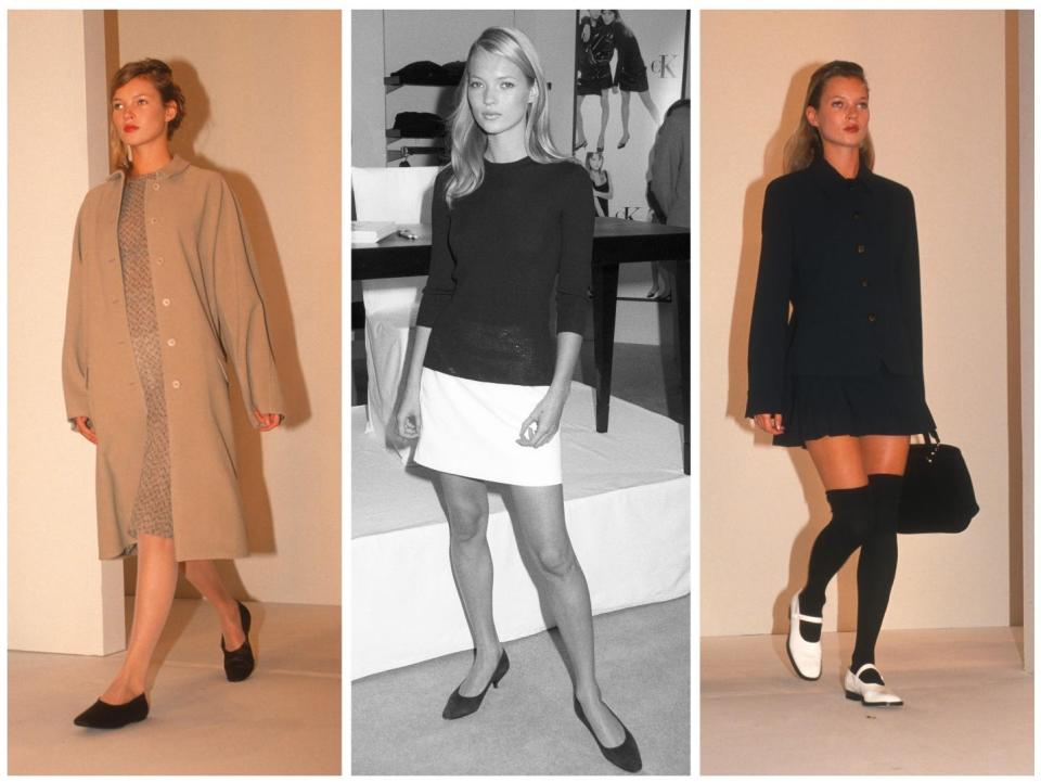 A composite image of three photos of Kate Moss wearing chic, simple outfits.