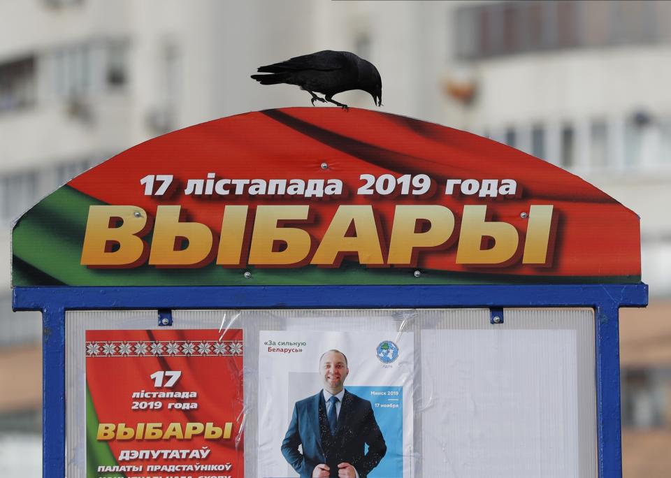 In this photo taken on Wednesday, Nov. 13, 2019, a crow sits on an election poster in Minsk, Belarus, ahead of the parliamentary election to be held on Sunday. (AP Photo/Sergei Grits)