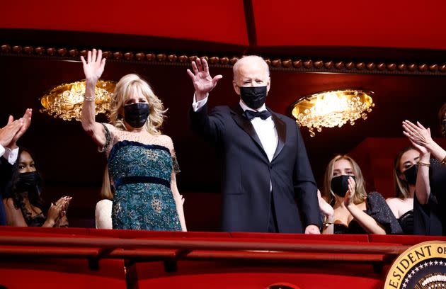 Jill Biden and Joe Biden acknowledge the crowd at the 44th Kennedy Center Honors. (Photo: Paul Morigi via Getty Images)