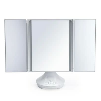 A folding vanity mirror with built-in Bluetooth speaker ($51 off list price)