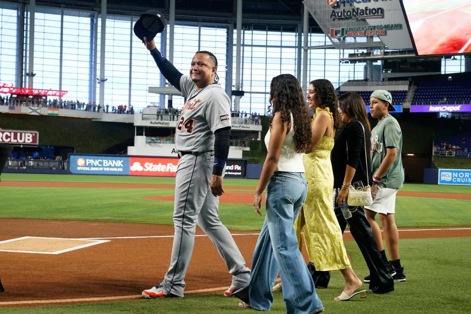 Detroit Tigers' Miguel Cabrera (24) raises his cap to the applause of fans during a pre-game ceremony celebrating his career before a game against the Miami Marlins at loanDepot Park in Miami on Friday, July 28, 2023.