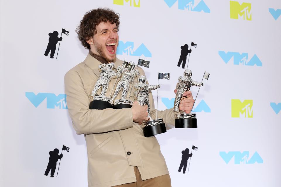 August 28, 2022: Jack Harlow winner of the Song of the Summer award for 'First Class' poses in the press room at the 2022 MTV VMAs at Prudential Center in Newark, New Jersey.