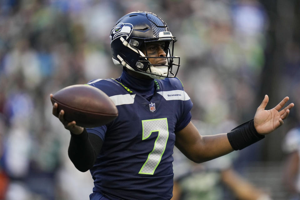 Seattle Seahawks quarterback Geno Smith (7) reacts to an incomplete pass against the Carolina Panthersduring the second half of an NFL football game, Sunday, Dec. 11, 2022, in Seattle. (AP Photo/Gregory Bull)