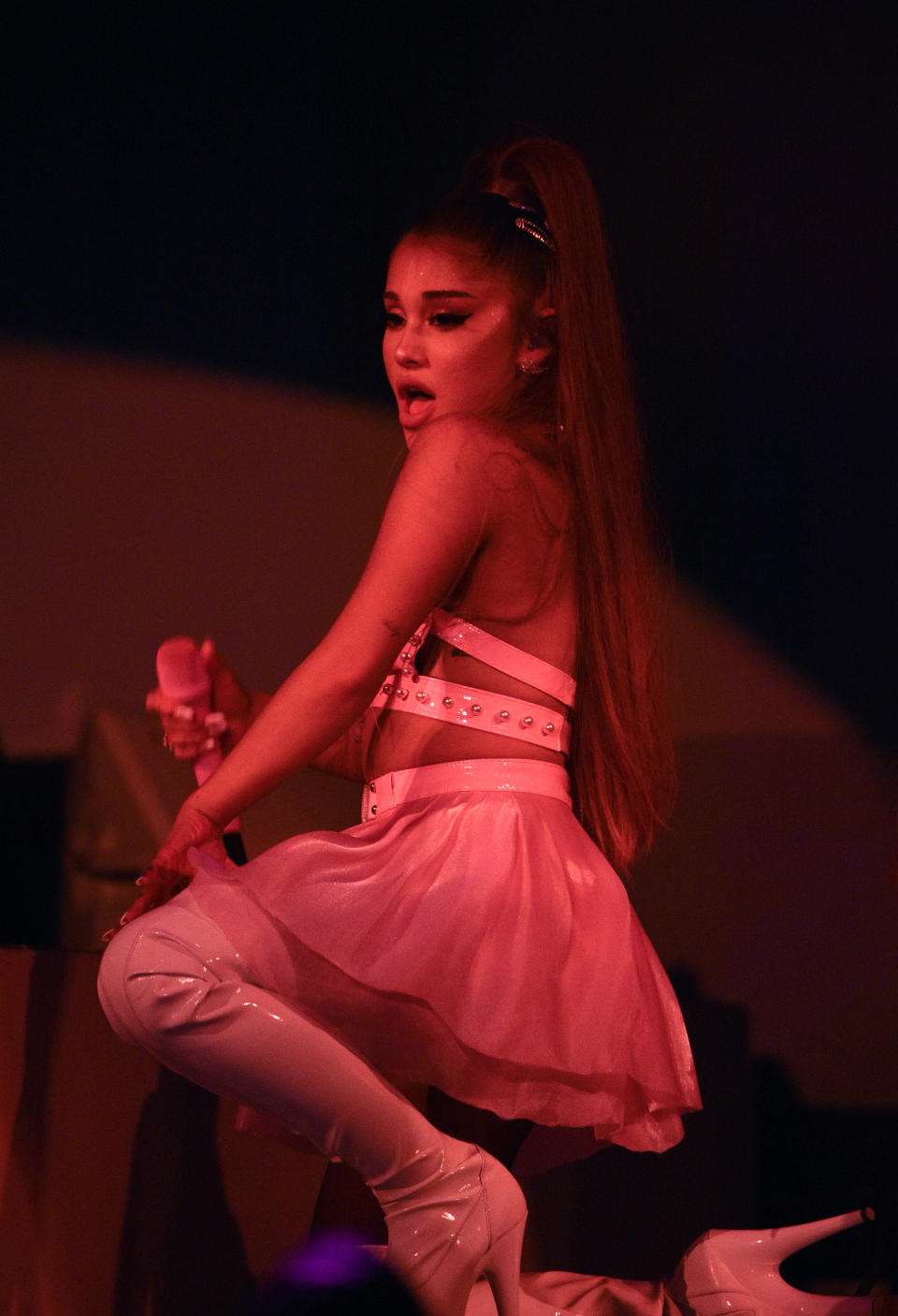 LONDON, ENGLAND - AUGUST 17: Ariana Grande performs on stage during her "Sweetener World Tour" at The O2 Arena on August 17, 2019 in London, England. (Photo by Kevin Mazur/Getty Images for AG)