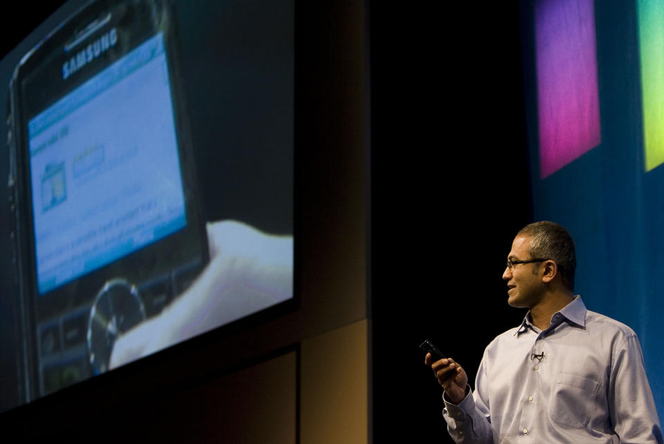 This May 21, 2008 photo, Microsoft Senior Vice President of Portal and Advertising Platform Group Satya Nadella demonstrates some of the features of Live Search on a mobile device during the advance08 Advertising Leadership Forum at the company's campus in Redmond, Wash. Microsoft announced Tuesday, Feb. 4, 2014, that Nadella will replace Steve Ballmer as its new CEO. Nadella will become only the third leader in the software giant's 38-year history, after founder Bill Gates and Ballmer. Board member John Thompson will serve as Microsoft's new chairman. (AP Photo/Stephen Brashear)